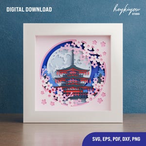 Modello di scatola delle ombre con fiori di ciliegio giapponese Pagoda per Cricut e Glowforge