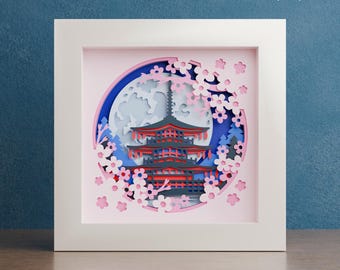 Plantilla de caja de sombras de flor de cerezo de pagoda japonesa para Cricut y Glowforge