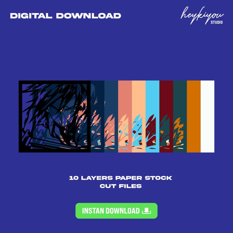 May include: Digital download graphic with the text "DIGITAL DOWNLOAD" at the top. The image features a series of colourful vertical panels with abstract designs. The text "10 LAYERS PAPER STOCK CUT FILES" is below the panels, with an "INSTAN DOWNLOAD" button.