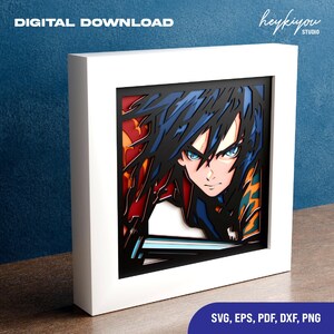 May include: A framed anime-style artwork depicting a character with blue hair and eyes. The layered design creates a 3D effect, set within a white frame. The text "DIGITAL DOWNLOAD" is at the top, and "SVG, EPS, PDF, DXF, PNG" at the bottom.