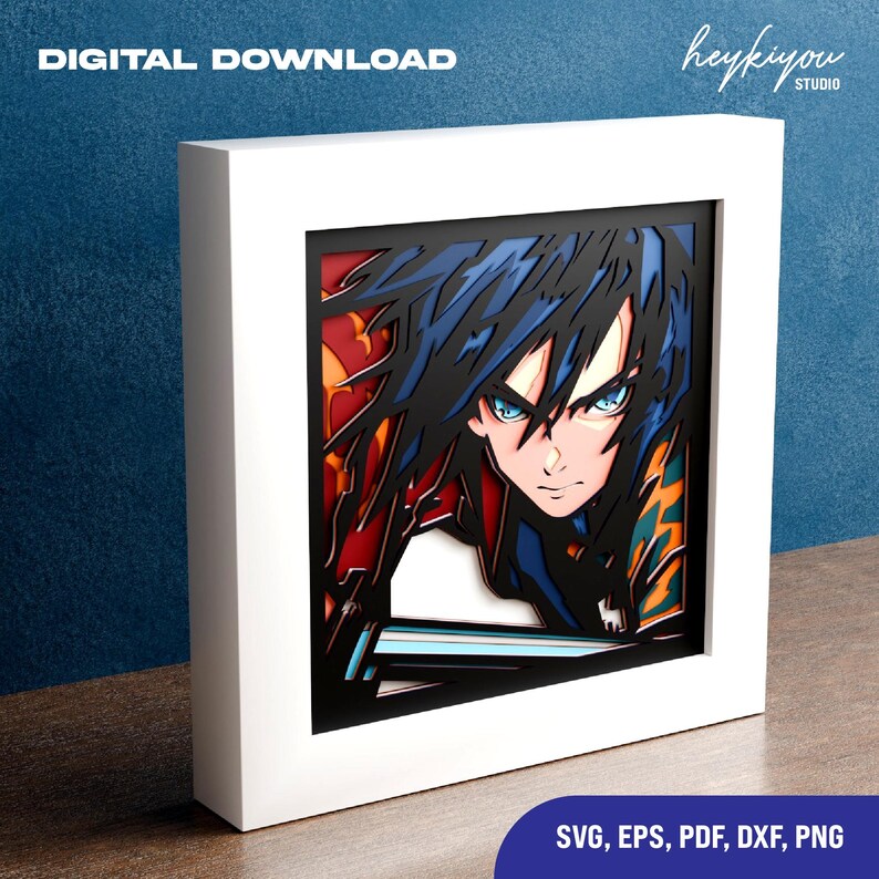 May include: A framed anime-style artwork depicting a character with blue hair and eyes. The layered design creates a 3D effect, set within a white frame. The text "DIGITAL DOWNLOAD" is at the top, and "SVG, EPS, PDF, DXF, PNG" at the bottom.