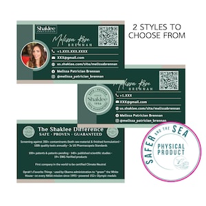 May include: Business cards with a green and white design featuring the name "Melissa Rose Brennan" and contact information. The cards include a photo, QR codes, and the Shaklee logo. The text "2 styles to choose from" is also visible.