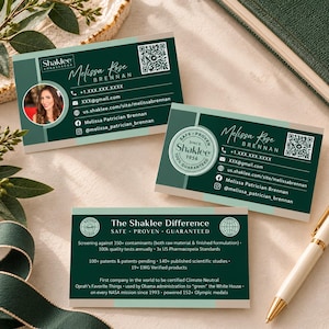 May include: Three rectangular business cards in dark green with light green accents. Two cards feature the name Melissa Rose Brennan, contact details, a QR code, and Shaklee branding. One card lists The Shaklee Difference with company facts.