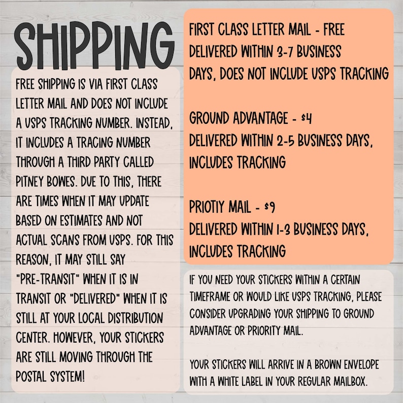 The image is a shipping-related advertisement that provides information about shipping options. It includes details about free shipping via first-class letter mail, ground advantage, priority mail, and postage stamps. The ad also mentions that postage stamps are still available for postage in a brown envelope with a white label.