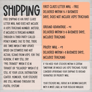 The image is a shipping-related advertisement that provides information about shipping options. It includes details about free shipping via first-class letter mail, ground advantage, priority mail, and postage stamps. The ad also mentions that postage stamps are still available for postage in a brown envelope with a white label.