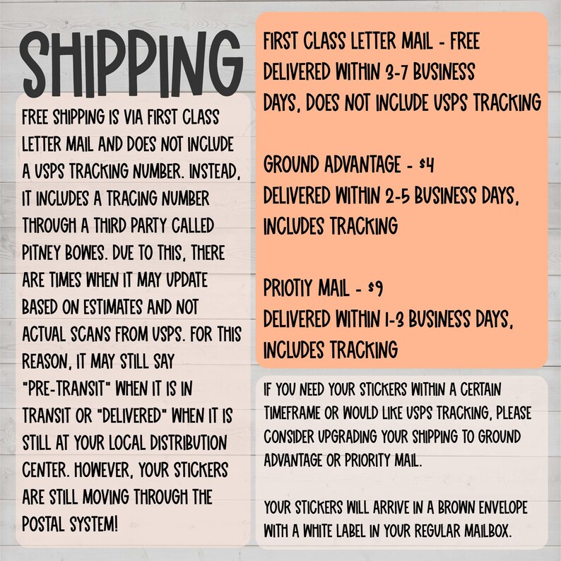 The image is a shipping-related advertisement that provides information about shipping options. It includes details about free shipping via first-class letter mail, ground advantage, priority mail, and postage stamps. The ad also mentions that postage stamps are still available for postage in a brown envelope with a white label.