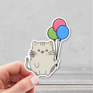 Leuke Fat Cat-sticker met ballonnen | Leuke sticker met gestreepte kat | Sticker kat moeder | Laptopsticker | Sticker waterfles