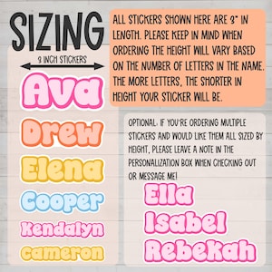 a list of names and stickers, along with instructions for ordering stickers based on height. The stickers shown are 3 inches in length, and the names are Ava, Drew, Elena, Cooper, Kendalyn, and Rebecca. The image does not contain any additional information beyond the names and stickers, and it does not describe each individual image separately.