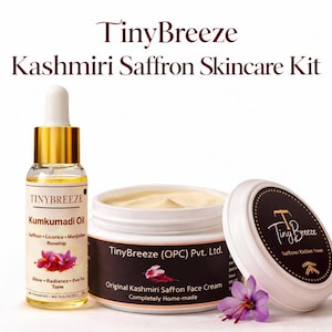 May include: A skincare kit featuring a bottle of Kumkumadi Oil, a jar of face cream, and a lid. The oil bottle has a gold cap and a dropper. The face cream is in an open white jar with a dark label. The kit is labeled "Tiny Breeze Kashmiri Saffron Skincare Kit."