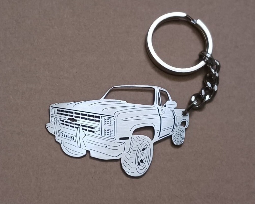 Square Body Round - Metal Keychain Chevy Chevrolet - Stamped Metal Enamel  Paint Fill - 2.5 Inches - Oklahoma Customs Original Design