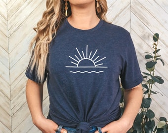 Retro Sunrise Sunset Over Water Tee Shirt, Sun Ocean Summer Beach Shirt,  Summer Shirt For Lady, Sun T-Shirt for Woman, Summer Gift For Her