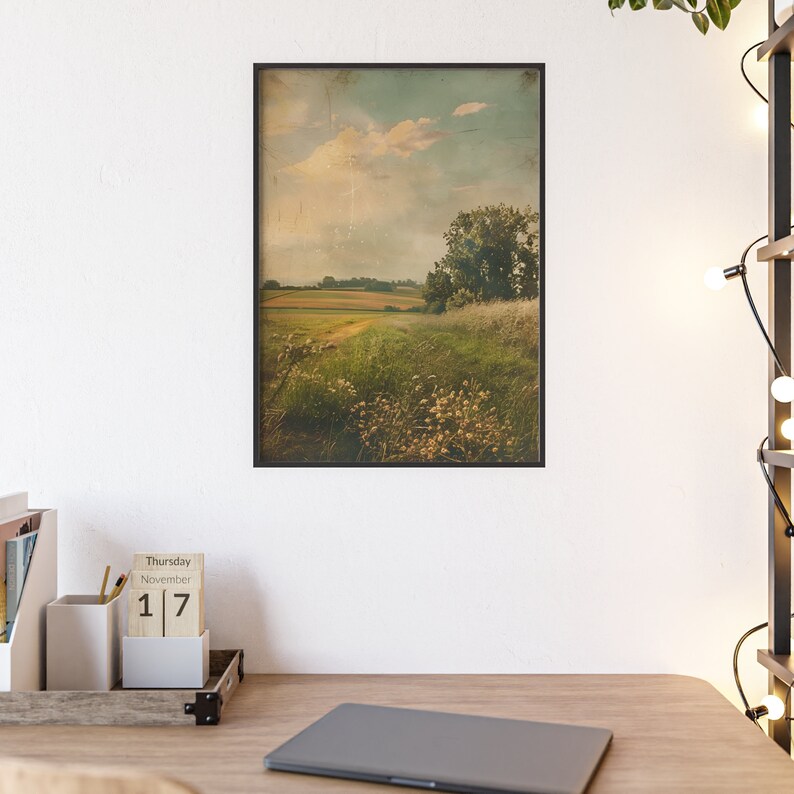 Framed Photo Rural Area Vintage Countryside Field Wall Art Poster Wooden Frame Rural Field Wall ...