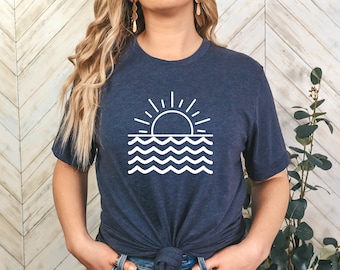 Retro soluppgång solnedgång över vatten t-shirt, sol havet sommar strand t-shirt, sommartröja för dam, sol t-shirt för kvinna, sommargåva till henne