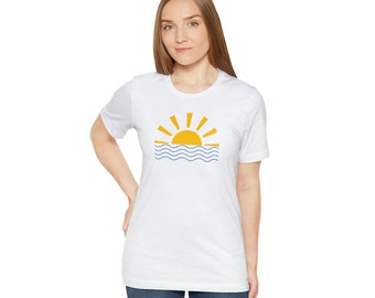Retro soluppgång solnedgång över vatten t-shirt, sol havet sommar strand t-shirt, sommartröja för dam, sol t-shirt för kvinna, sommargåva till henne