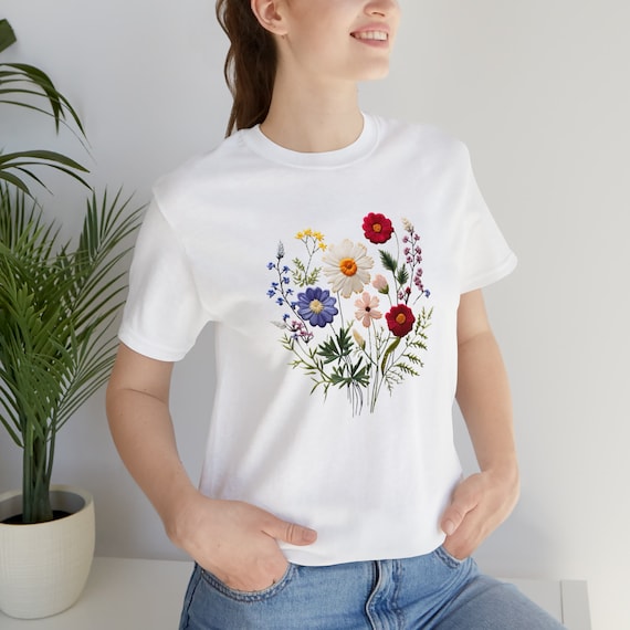 Floral Flower Embroidery Pattern Plant Print Graphic Shirt Gift