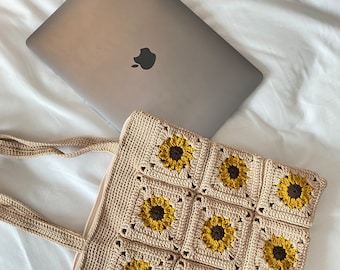 Gehaakte vierkante draagtas zonnebloem oma | Boho Cottagecore-schoudertas