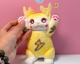 Yellow Stripes Cheer Kitty Taba Squishy | Soft Squeeze Kawaii Cat Fidget Toy, Stress Relief Squishy