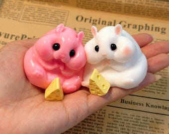 2PCS Hamster Squishy Set | White & Pink Hamster Fidget Toys with Mini Cheese | Soft Silicone Stress Relief ASMR Sensory Animal Toy Gift
