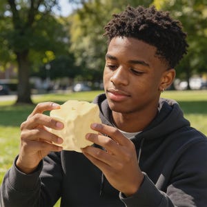 May include: A light yellow, cube-shaped decorative lamp with several round holes. The lamp is held by a person in a black hoodie. The background is a park with green grass and trees.