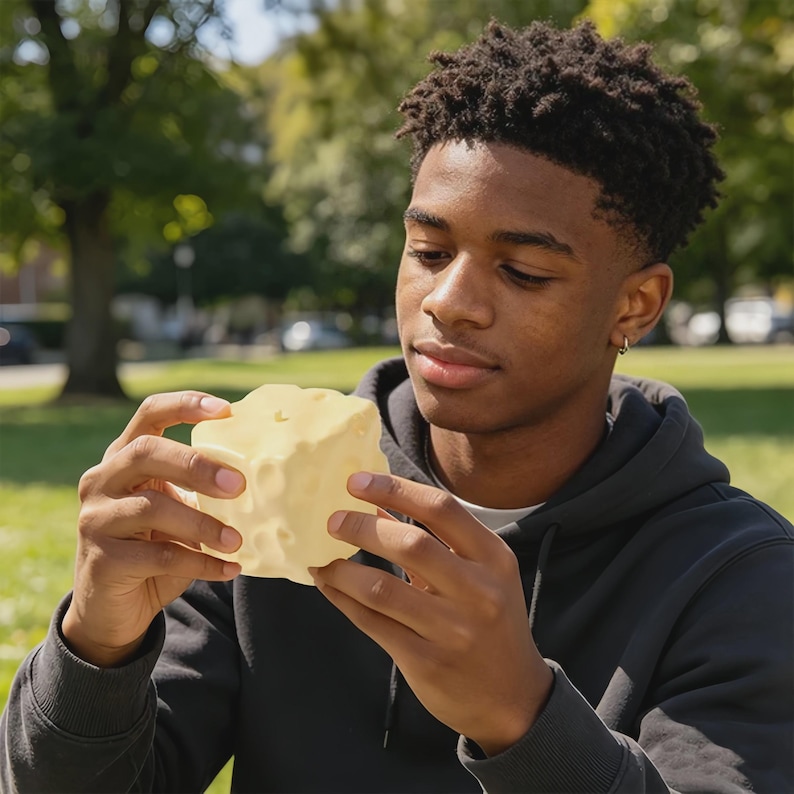 May include: A light yellow, cube-shaped decorative lamp with several round holes. The lamp is held by a person in a black hoodie. The background is a park with green grass and trees.