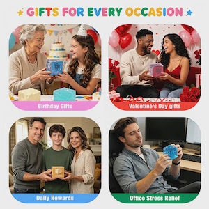 May include: A promotional image presenting gift ideas for different events. The image is split into four sections, each showing people holding colourful, cube-shaped objects. Text includes "Gifts for Every Occasion", "Birthday Gifts", "Valentine's Day gifts", "Daily Rewards", and "Office Stress Relief".