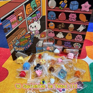 May include: An assortment of colorful squishies in small plastic bags, with a shelf display featuring cartoon characters and the text "FUFUSHOP." The image also includes a cartoon cat pushing a shopping cart and the text "30 Squishies in Total !!!."