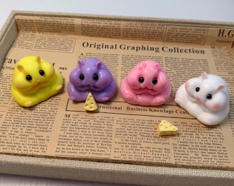 Hamster Squishy Set | White & Pink Hamster Fidget Toys with Mini Cheese | Soft Silicone Stress Relief ASMR Sensory Toy | Kawaii Gift