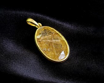 Natural Golden Rutilated Quartz Pendant, 14K Solid Yellow Gold Handmade Necklace, April Birthstone Jewelry, Genuine Rutile Gemstone for Her