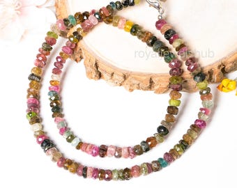 Natural Multi Tourmaline Necklace, Tourmaline Faceted Rondelle Beaded Necklace, Gemstone Choker Beads Necklace, Healing Crystal Jewelry