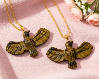 Natural Tiger Eye Eagle Pendant, 925 Silver Chain Jewelry, Handmade Carved Gemstone Bird Charm Necklace, Healing Jewelry Gift for Her
