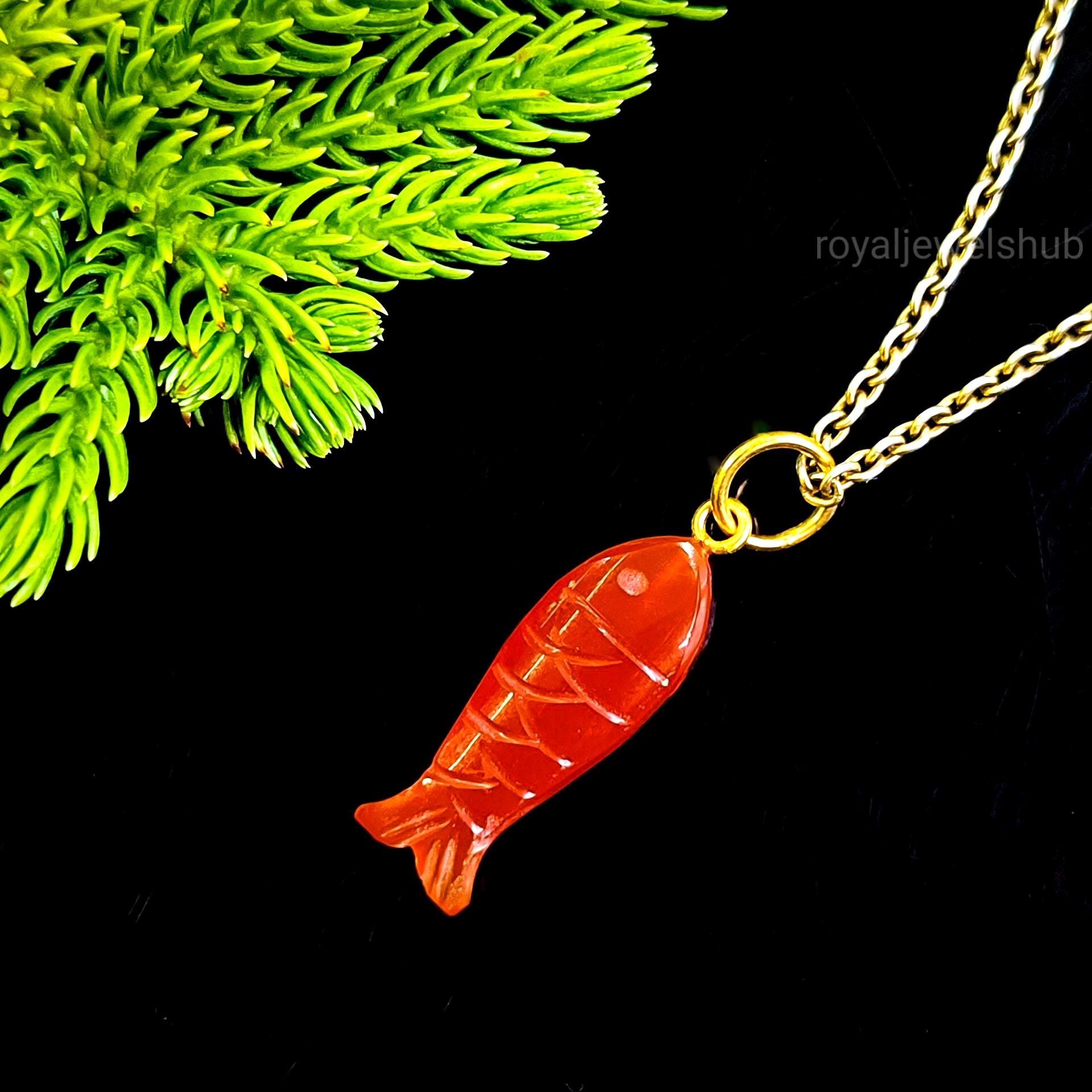 Cute Carnelian Carved Fish Pendant, 925 Silver Handmade Jewelry, Natural Carnelian Crystal Jewelry, Fish Protection Necklace for Women