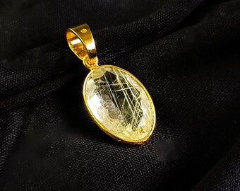 Natural Golden Rutilated Quartz Pendant, 14K Solid Yellow Gold Necklace, Handmade Gemstone Crystal Jewelry, April Birthstone Gift for Her