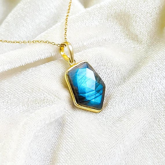 Collier Choker En Pierre De Labradorite Avec Perles Plaquées Or 14k Et Pendentif Quartz - Neuf Avec étiquettes