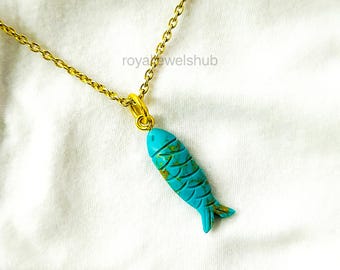 Copper Turquoise Hand Carved Fish Pendant, Gemstone Koi Fish Charms, 925 Silver Jewelry, Handmade Healing Crystal Fish, Protection Necklace