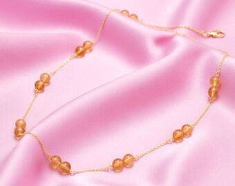 Natural Citrine Gemstone Beaded Necklace, 14k Solid Yellow Gold Chain Necklace, Wire Wrapped Choker Necklace Boho Jewelry, Gift for Her