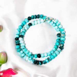 Collier de perles rondes lisses opale bleu cyan naturelle, collier de perles de pierres précieuses d&#39;opale, collier ras de cou fait main pour femmes, collier de pierre d&#39;opale