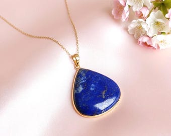 14K Solid Yellow Gold Lapis Lazuli Pear Pendant Necklace, Lapis Handmade Jewelry for Women, September Birthstone Gift, Christmas Gift Idea