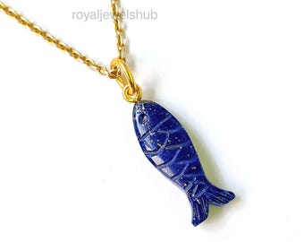 AAA Lapis Lazuli Fish Pendant, 925 Silver Handmade Jewelry, Carved Gemstone Fish Charms, Koi Fish Necklace Pendant for Women, Jewelry Gift