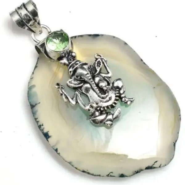 Solar Agate Perido Ganesha Pendant  Chain - Handcrafted Spiritual Jewelry