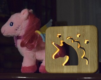 Unicorn Decor Night Light - Kids Room LED Lamp, Personalized Baby Gift, USB Powered Bedside Lighting Wooden