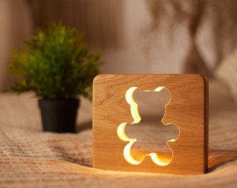 Handcrafted Oak Teddy Bear Night Light - USB Powered LED Lamp, Unique Gift from Ukraine