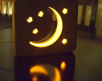 Moon & Stars Decor Night Light - Kids Room LED Lamp, Personalized Baby Gift, USB Powered Bedside Lighting Wooden