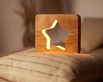 Handmade Wooden Star Night Light: Children's Table Decor from Ukraine - USB Powered for Bedside Lighting