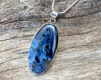 Naturligt Pietersithänge 925 Sterling Silver, Halsband med blå Pietersit Ädelsten, Äkta Pietersit Smycken, Statementgåva till henne