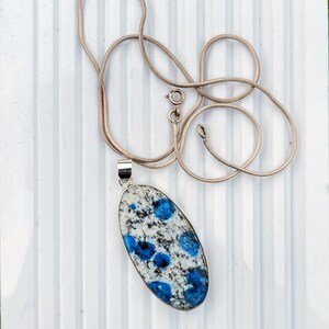 Può includere: Una collana con catena d'argento con un ciondolo ovale con una pietra a motivi blu e bianchi.