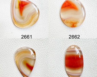 Könnte beinhalten: Vier Achat-Cabochons in verschiedenen Formen und Größen. Die Cabochons sind alle eine Mischung aus Weiß, Orange und Rot mit einem geschichteten Muster. Die Cabochons sind mit 2661, 2662, 2663 und 2664 gekennzeichnet.