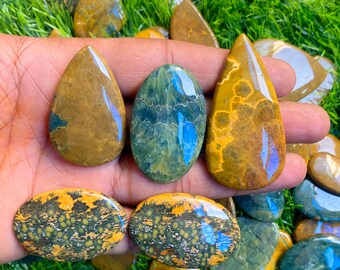 May include: A collection of polished gemstones in various shapes and colors. The stones include teardrop, oval, and rounded forms, showcasing a mix of brown, yellow, and green hues with unique patterns and textures. The gemstones are displayed on a bed of green grass.