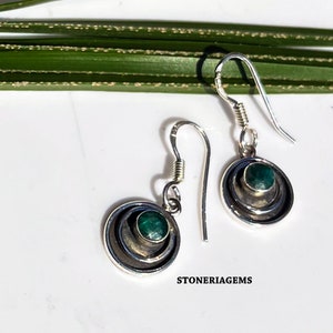 Faceted Emerald Sterling Silver Earrings, 925 Solid Sterling Silver Earrings Woman Jewelry, Natural Zambian Emerald Chunky Earrings For Gift