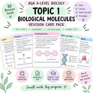 Może przedstawiać: Zestaw 30 kart powtórkowych z biologii AQA A-Level dla tematu 1 Cząsteczki biologiczne. Karty zawierają tekst, diagramy chemiczne i definicje lipidów, białek, węglowodanów, DNA, RNA i wody. Pakiet jest przeznaczony do druku i cyfrowy.
