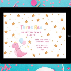 3rd Birthday E Card - Girls - Dinosaurs - Three Rex - Personalisable - Kids/Children’s, Digital Card/Ecard Editable Template
